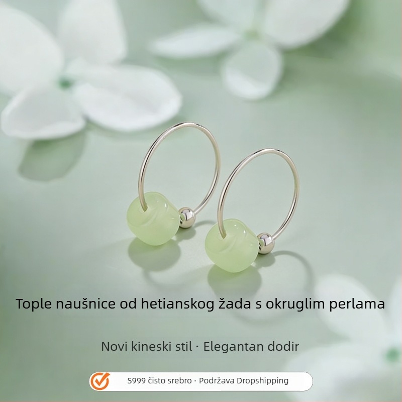 Naušnice od srebra 999 s Hetianskim jadeom za žene – lagani luksuz, visoka kvaliteta, retro kineski stil, minimalistični kružni naušnice