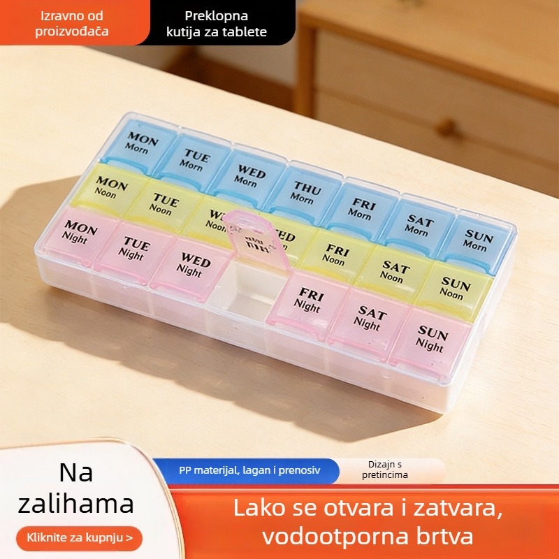 Kutija za tablete s preklopnim poklopcem, 21 pretinaca, velike kapacitete, tjedni organizator tableta, prijenosna