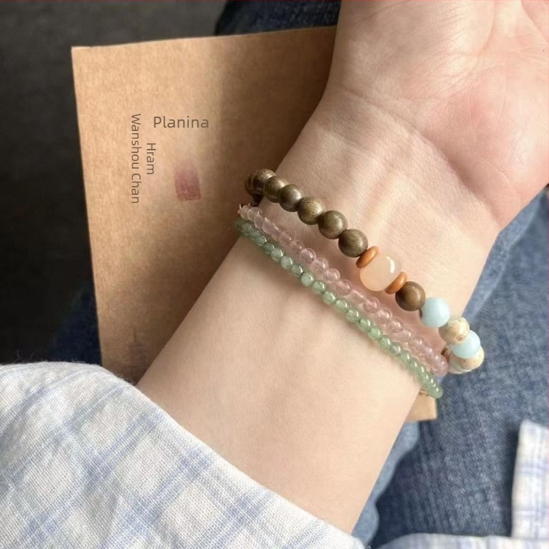 Unisex narukvica s perlicama od zelenog sandalovog drveta i kamena Shoushan, retro stil, kineski stil, jednostavno i elegantno.