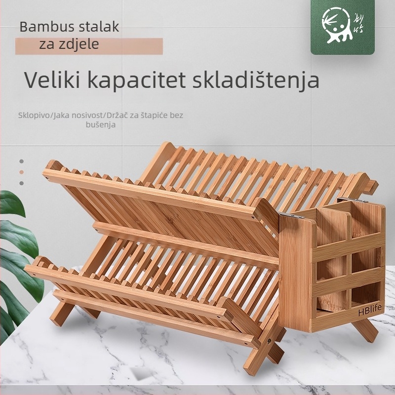 Dvostruki bambusni stalak za posuđe s odvodom, kuhinja