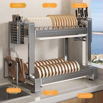 Prilagođeni držač posuđa za kuhinju s odvodnim dijelom za zdjele i tanjure, držačem pribora i noževa, višenamjenski skladišni regał
