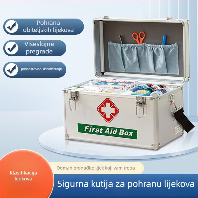14-inčna kutija za prvu pomoć od aluminijske legure sa zaključavanjem, dvostruki pretinci za lijekove i alate, prijenosna