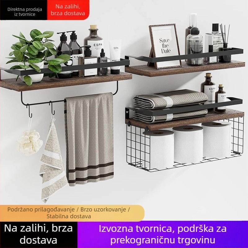 Drveni zidni polic za pohranu s držačem za ručnik, troetažni zidni polic za kupaonicu i dnevni boravak
