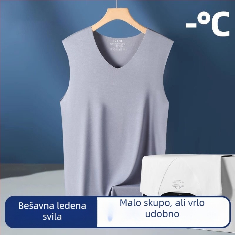 Mužki bezrukavni top od ledene svile, bezšiven, uski kroj, V-rez, bazni sloj, bijela