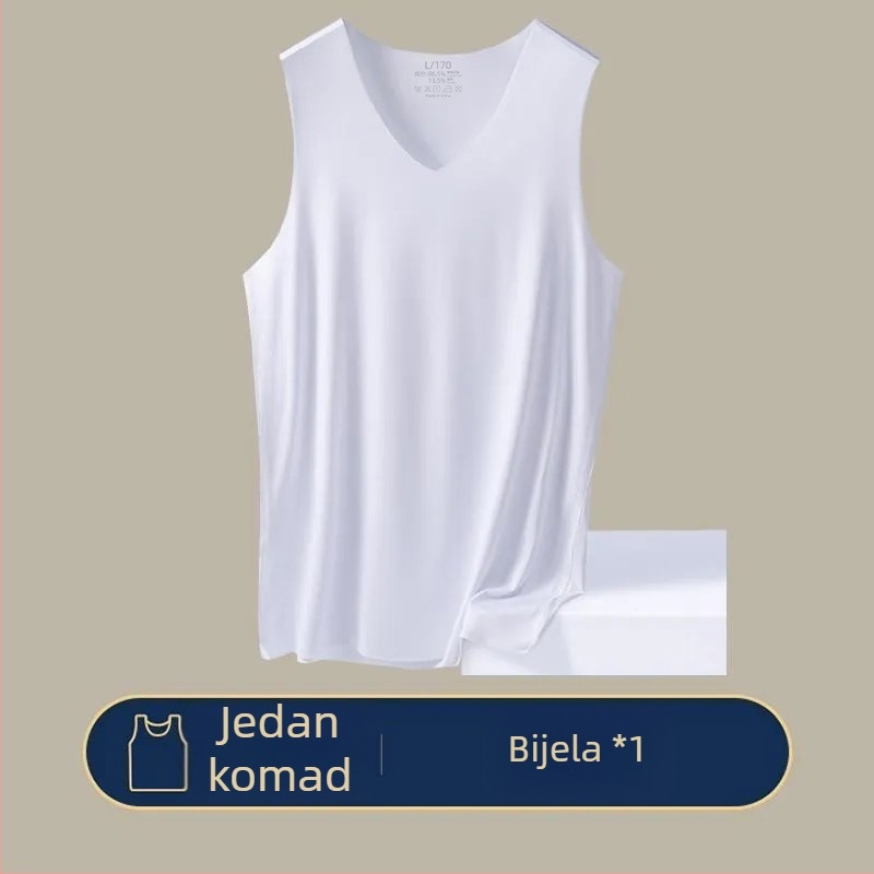 Mužki bezrukavni top od ledene svile, bezšiven, uski kroj, V-rez, bazni sloj, bijela