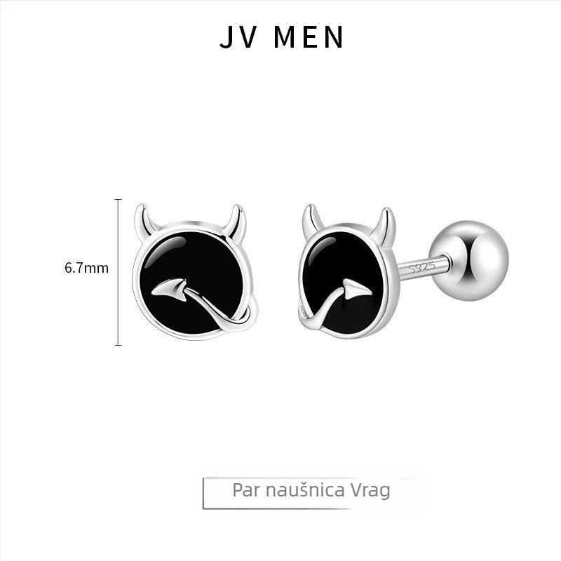 Muške naušnice s premazom srebra 925, crni motiv đavla, minimalistički stil