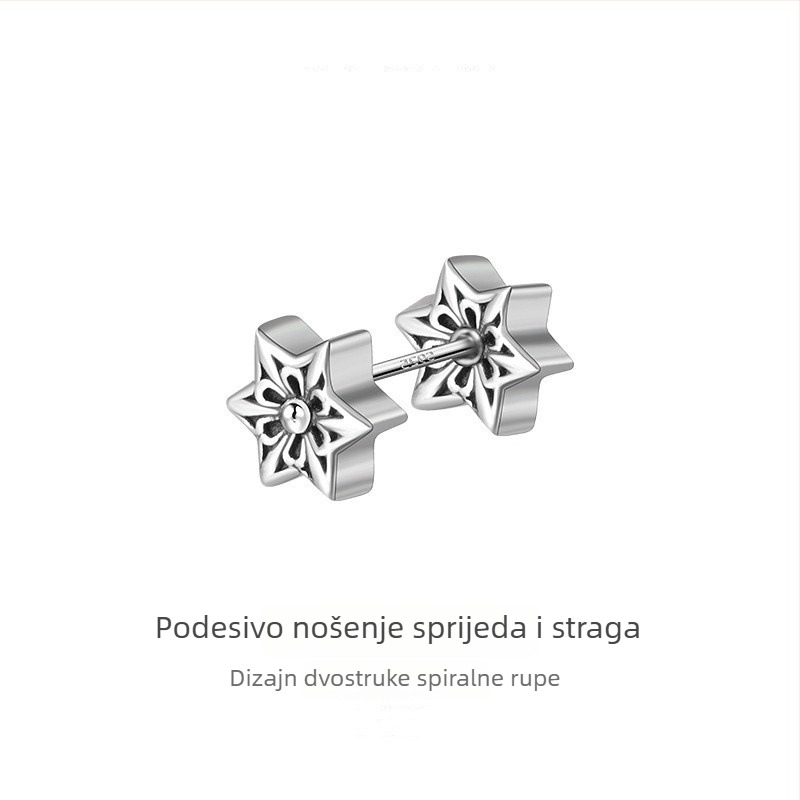 Srebrene muške stud naušnice s dvostrukim vijčanim glavama, šesterokutna zvijezda, retro minimalistički stil