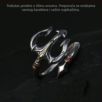 Srebrni prsten s trojzubcem, unisex, retro stil, dizajnerski komad nakita