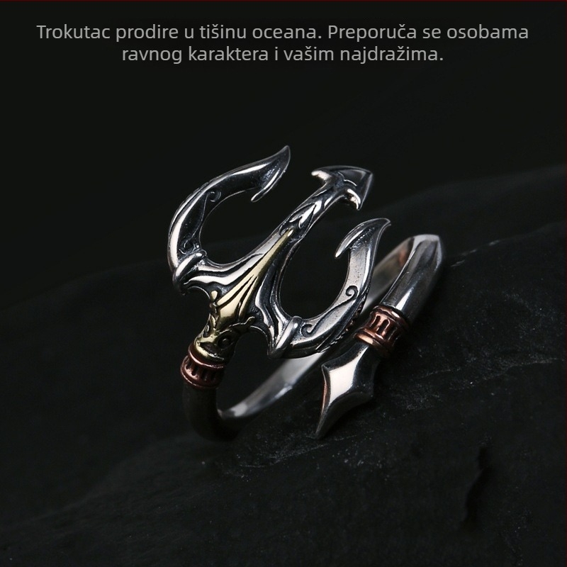 Srebrni prsten s trojzubcem, unisex, retro stil, dizajnerski komad nakita