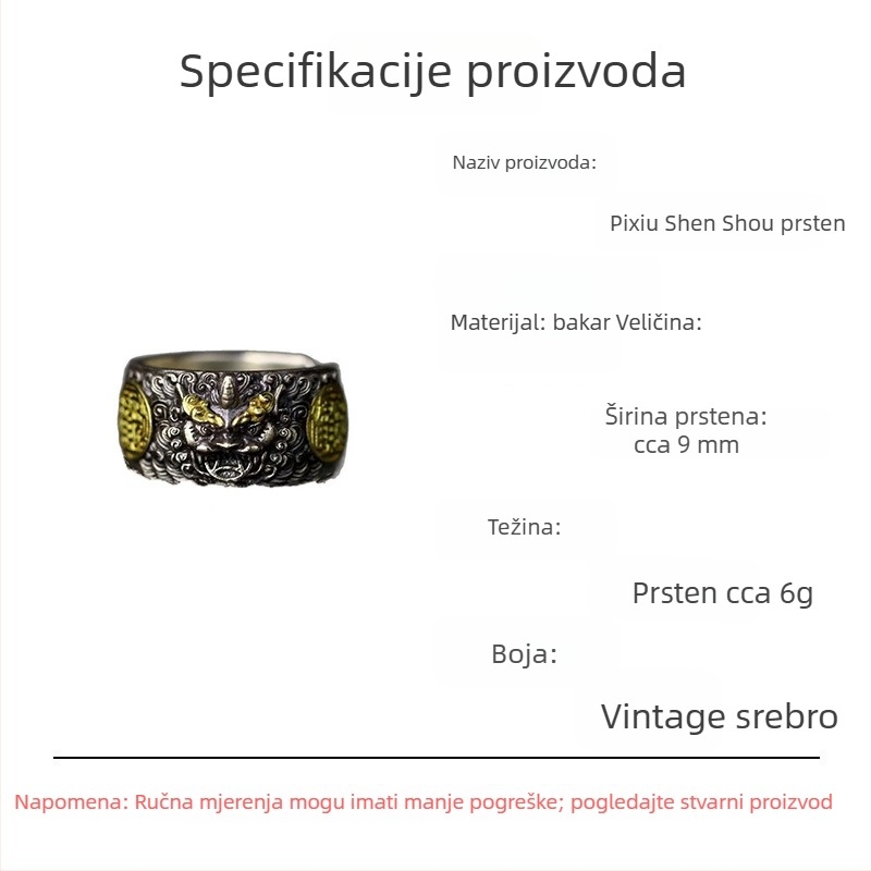Pixiu prsten u kineskom stilu, vintage bakar, otvoreni prsten, unisex