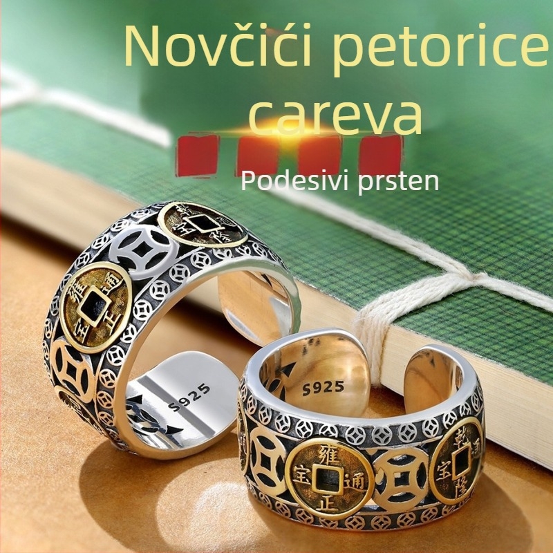 Vintage prsten s minicom pet carstava od tajskog srebra, unisex, hrabar i moderan stil, otvoreni dizajn, kreativno i minimalističko