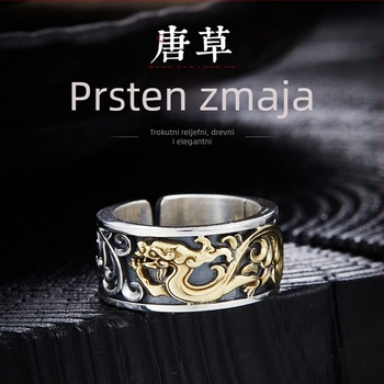 Muški prsten s motivom zmaja u Tang stilu, vintage dizajn, otvoreni prsten za kažiprst, kineski inspirirani nakit