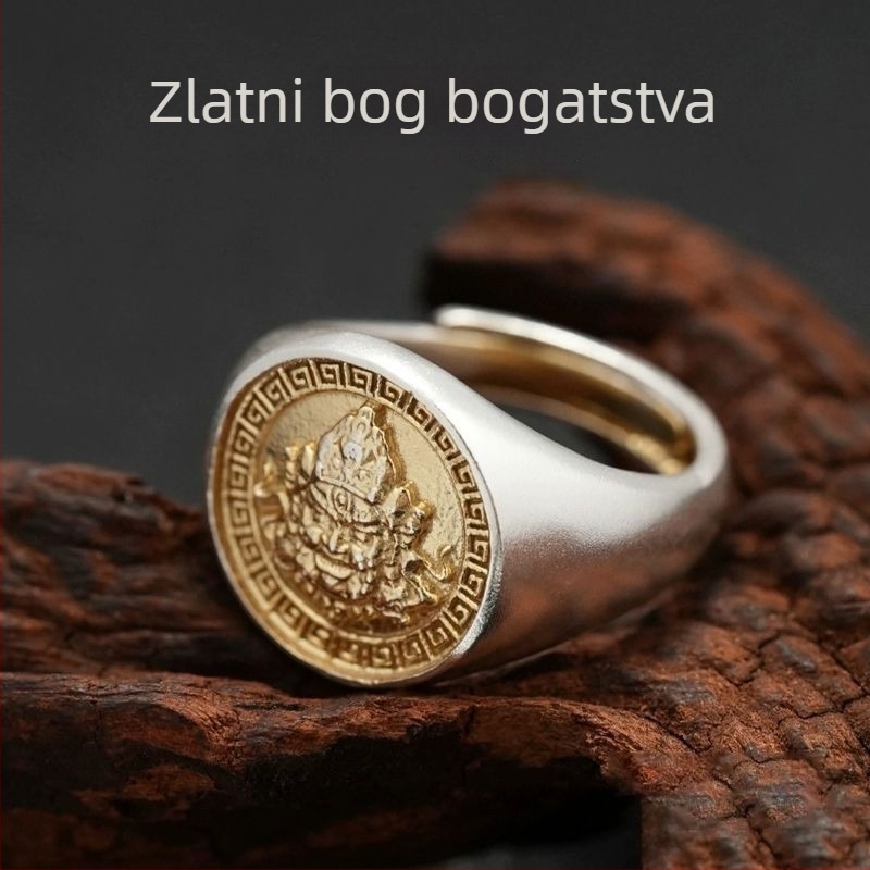 Muški prsten pozlaćen bogu bogatstva, široki prilagodljivi prsten u vintage etno stilu
