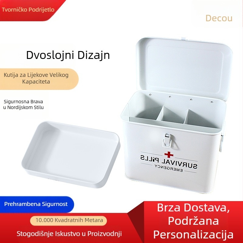 Metalna kutija za prvu pomoć s četiri odjeljka, dvostruki dizajn, veliki kapacitet, prijenosna
