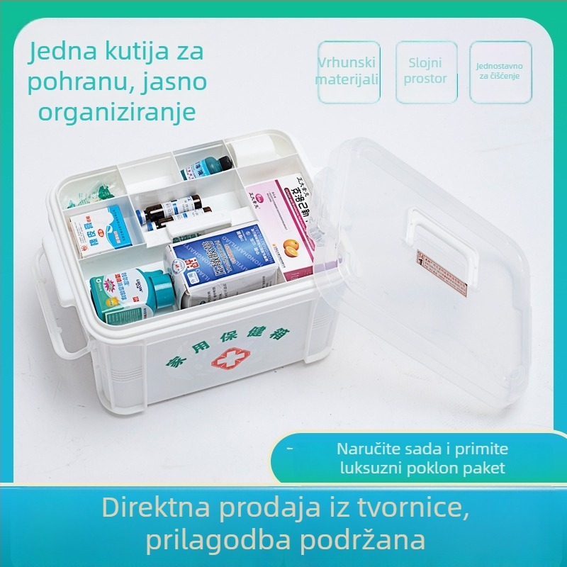 Prenosiva kućna kutija za prvu pomoć s višeslojnim plastičnim organizatorom lijekova (mala i velika veličina)