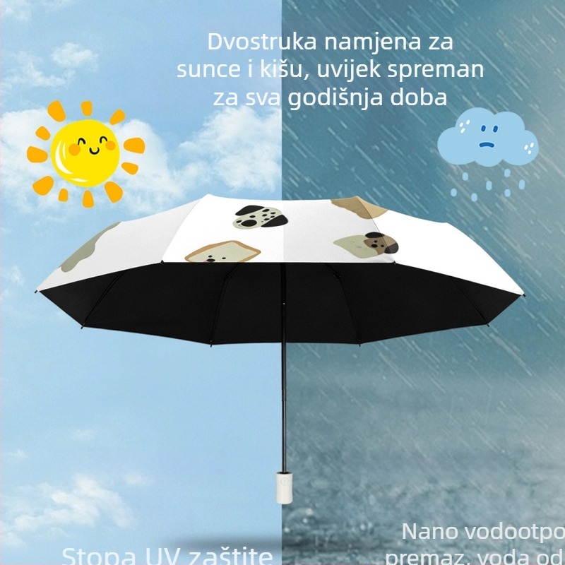 Tri-dijelni sklopivi kišobran s karikaturalnim dizajnom, UV zaštita i crni premaz, ručno otvaranje i zatvaranje.