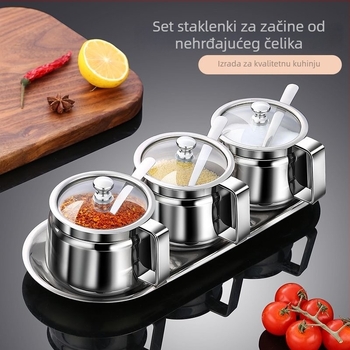 Set posuda za začine od nehrđajućeg čelika 304 za kućnu upotrebu: posuda za sol, kutija za začine u kuhinji, posuda za ulje s poklopcem i držačem