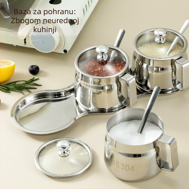 Set posuda za začine od 304 nehrđajućeg čelika, solnjak, posude za začine s poklopcem i držačem, luksuzan spremnik za začine