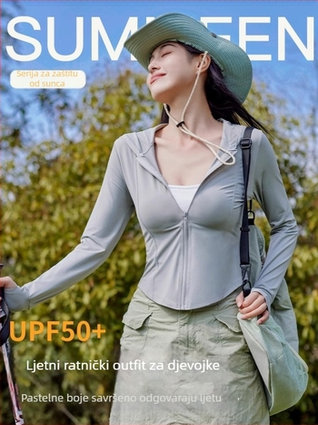 Ženska uska jakna s UV zaštitom, kapuljača, lagana ice silk tkanina, riblja kost obrazac, kratka ljetna jakna