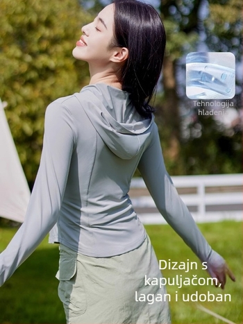Ženska uska jakna s UV zaštitom, kapuljača, lagana ice silk tkanina, riblja kost obrazac, kratka ljetna jakna