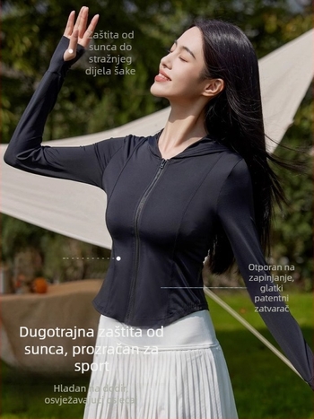 Ženska uska jakna s UV zaštitom, kapuljača, lagana ice silk tkanina, riblja kost obrazac, kratka ljetna jakna