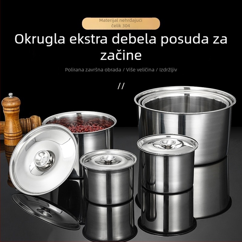 Kružni spremnik za začine od nehrđajućeg čelika sa poklopcem, nemagnetan, debeli dizajn, za komercijalne hotelske kuhinje