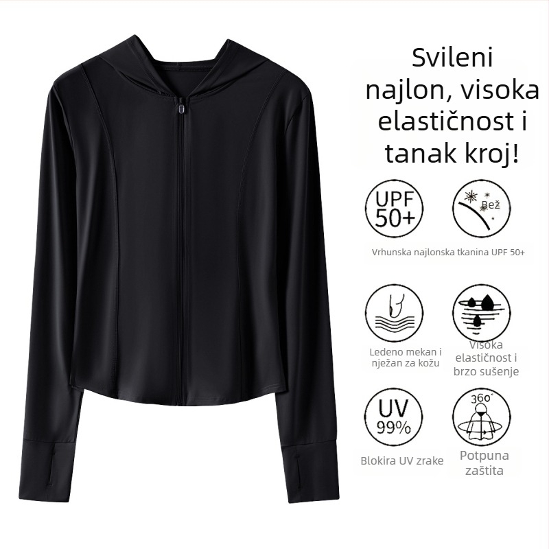 Ženska jakna za jogu od najlona s ice silk rashladnim materijalom, uski kroj, dugi rukavi, UPF50+ zaštita od sunca, prozračna za ljeto.