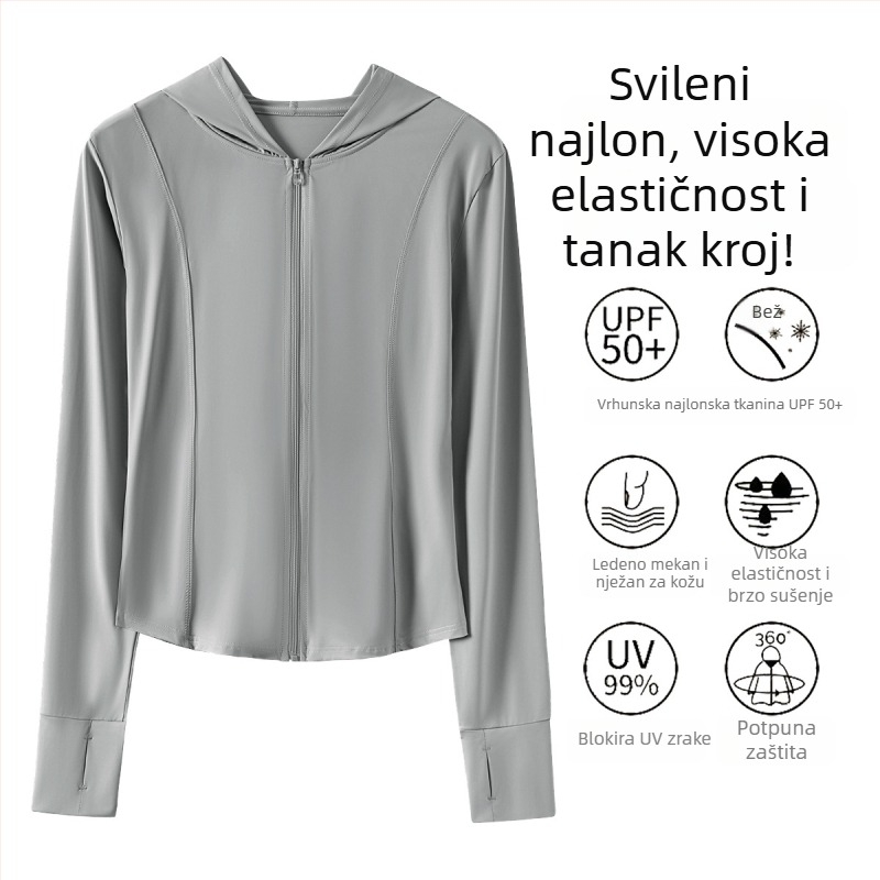 Ženska jakna za jogu od najlona s ice silk rashladnim materijalom, uski kroj, dugi rukavi, UPF50+ zaštita od sunca, prozračna za ljeto.