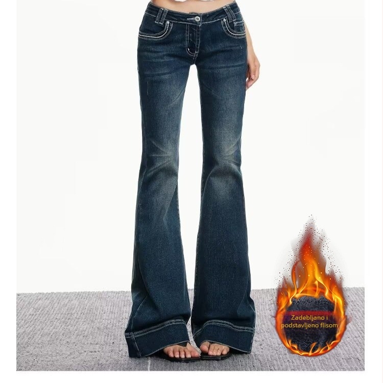 Ženske traperice u američkom stilu, 2025 proljeće/jesen, retro oprano plave denim, nizak struk, lagano proširene nogavice, dugačke do poda