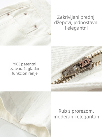 Bijele ženske traperice s visokim strukom i ravnim krojem, skraćene cigaretnog stila, proljeće 2026