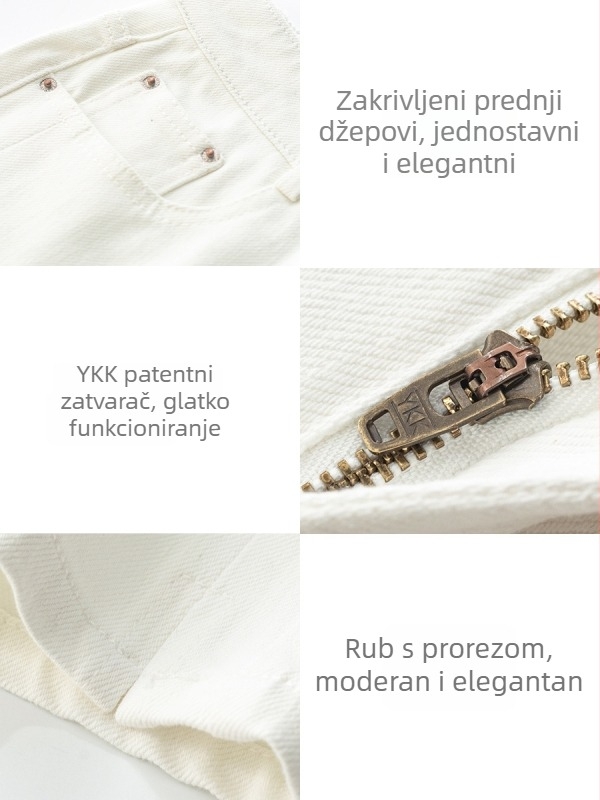 Bijele ženske traperice s visokim strukom i ravnim krojem, skraćene cigaretnog stila, proljeće 2026