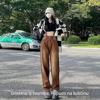 Ženske traperice s visokim strukom i širokim krojem, američki stil, smeđa, ležerni kroj, dužina do poda, jesen 2024.