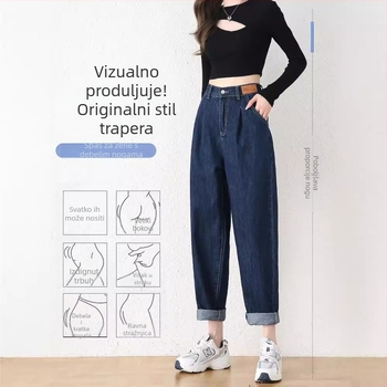 Ženske denim harém hlače, proljeće-jesenje, tanki model, visok pas, opuštena ravna kroj, skraćena duljina.