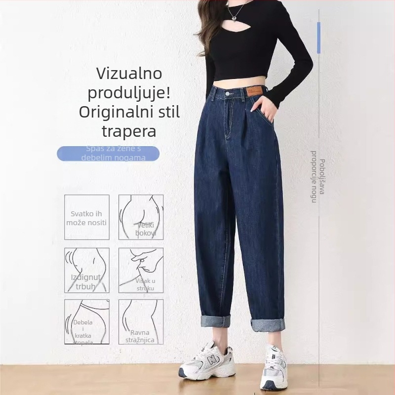 Ženske denim harém hlače, proljeće-jesenje, tanki model, visok pas, opuštena ravna kroj, skraćena duljina.