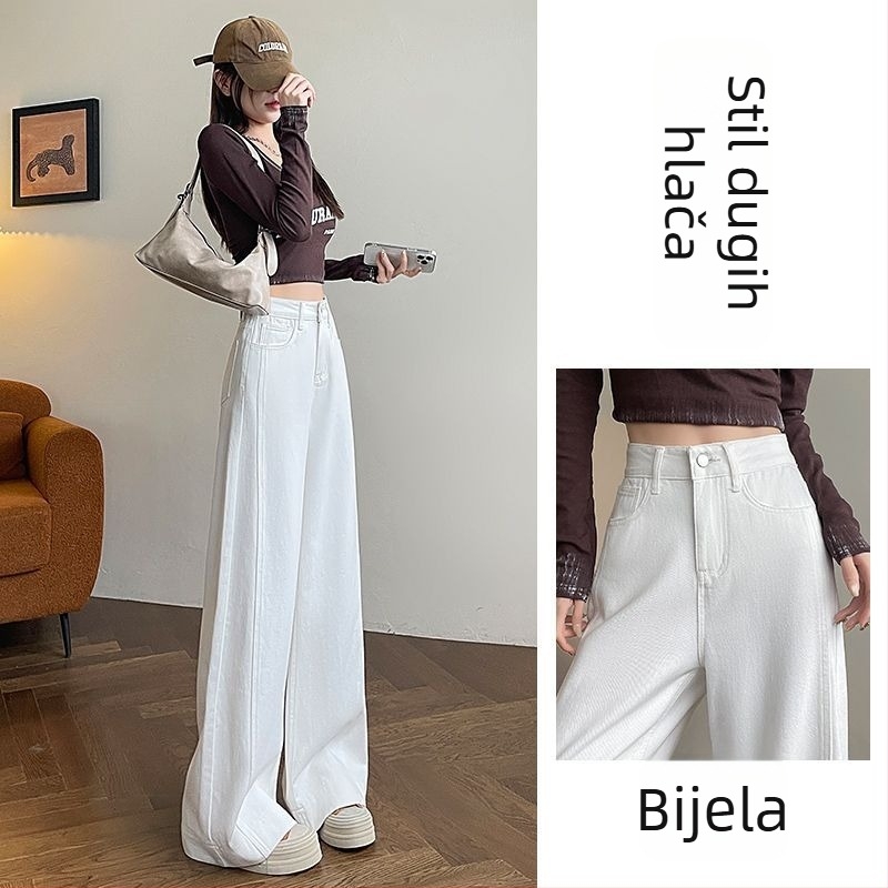 Bijele ženske traperice visokim strukom, straight kroj, široke nogavice, do poda, denim
