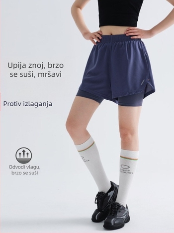 Ženske kratke hlače za jogu s brzo sušenjem, ljeto, za vanjske trčanje i trening — lagane sportske hlače s dojmom dvodijelnog kompleta, visokim strukom, Harajuku stil