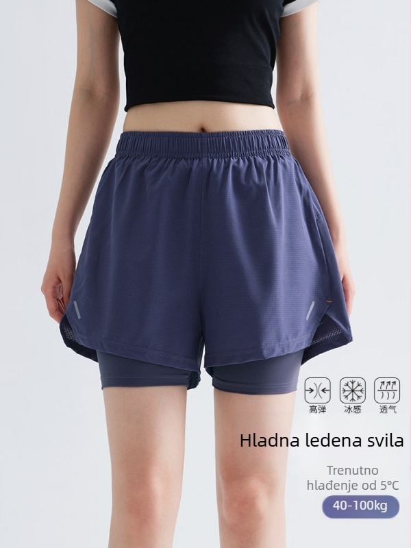Ženske kratke hlače za jogu s brzo sušenjem, ljeto, za vanjske trčanje i trening — lagane sportske hlače s dojmom dvodijelnog kompleta, visokim strukom, Harajuku stil