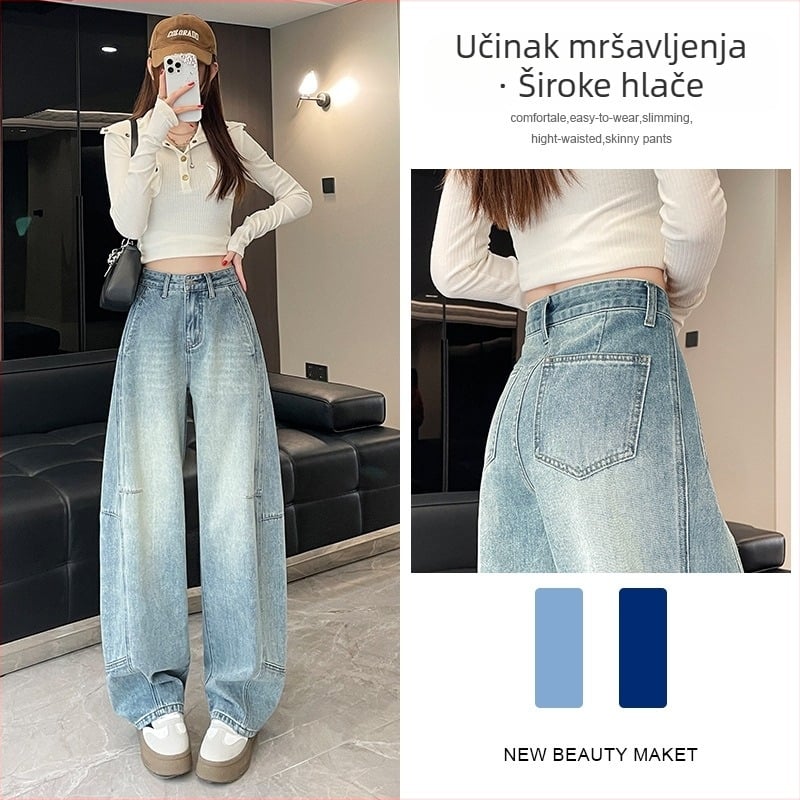 Ženske traperice s visokim strukom i širokim nogavicama, denim, proljeće-jesen 2025