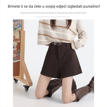 Smeđi vuneni šorts za žene, visokog struka, A-linijski kroj, jesenski svakodnevni stil, vitka silueta, za niske osobe