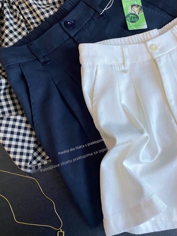 Plavo, Old Money stil, hlače od Tencela i lana, opuštene, casual, visok pas, A-linija, Bermuda, široke nogavice, šortsevi