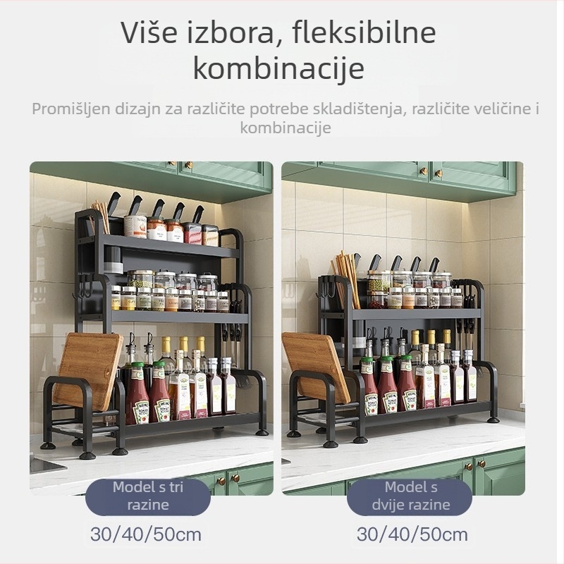 Višeslojni organizator kuhinjskih začina, od karbonskog čelika, za ulje, sol, umak i ocat; na radnu ploču, bez bušenja, čvrst i višenamjenski.