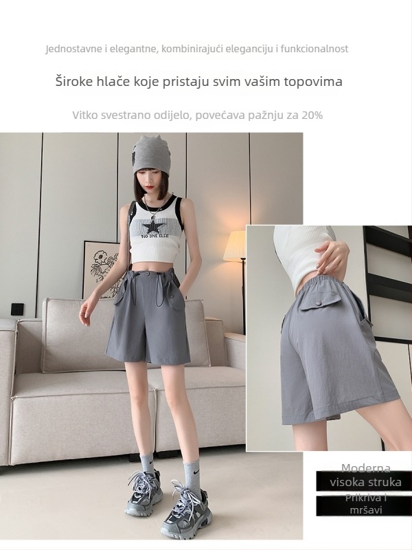 Na skladištu: ženske ljetne najlon šortice, brzo se suše, visokim strukom, udoban slobodan kroj, skraćena duljina, casual sportski stil