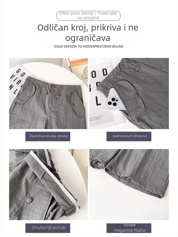 Na skladištu: ženske ljetne najlon šortice, brzo se suše, visokim strukom, udoban slobodan kroj, skraćena duljina, casual sportski stil