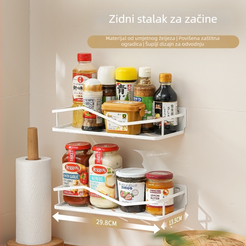 Nachuan Zidni držač za začine u kuhinji, bez bušenja, metalni, s ogradićem i držačem za staklenke s začinima