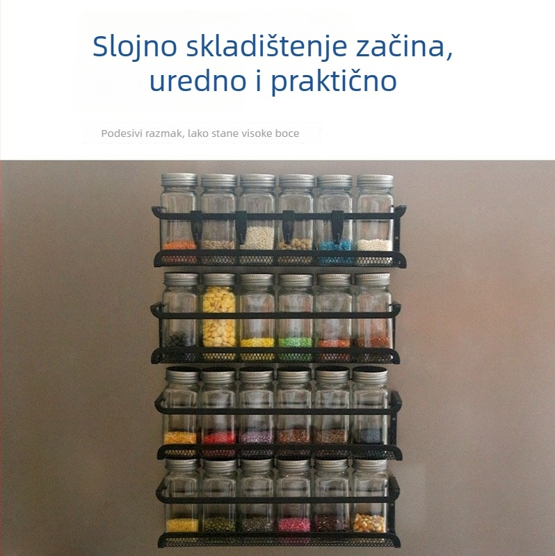 Zidni držač za začine u kuhinji, željezni, bez bušenja, višeslojni držač za bočice začina