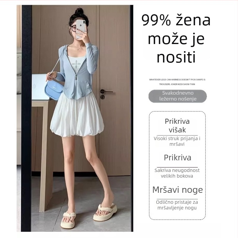 Lagane ženske culotte hlače s printom oblaka, visok pojas, A-linija, baletno inspiriran stil, lantern kroj, duljina 3/4.