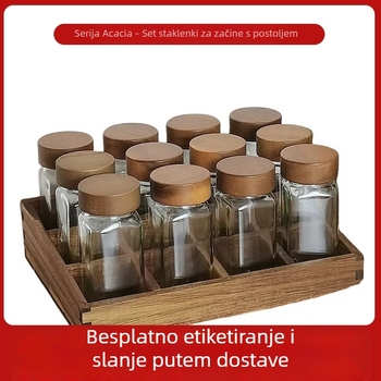 Set od 12 staklenki za začine, 120 ml svaka, s podlogom od akacije i kutijom za pohranu s 12 pretinaca na kuhinjskom pultu