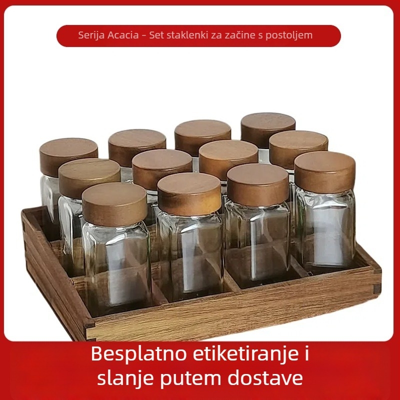 Set od 12 staklenki za začine, 120 ml svaka, s podlogom od akacije i kutijom za pohranu s 12 pretinaca na kuhinjskom pultu