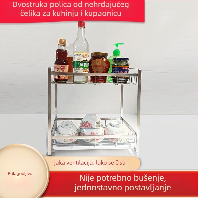Dvostruki stalak od nehrđajućeg čelika za kuhinju i kupaonicu — za spremnike sa začinima, zdjelice i posuđe