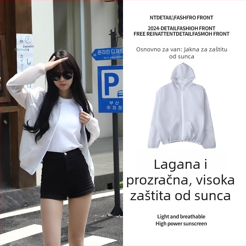 Ženska kratka jakna za zaštitu od sunca, ljeto, ultra tanka, prozračna, brzo sušenje, s kapuljačom, korejskog stila